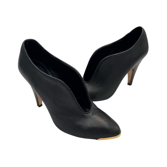 Loeffler Randall Donna Black Leather Open V Vamp Gold Cap Cone Heel Booties - Picture 1 of 11